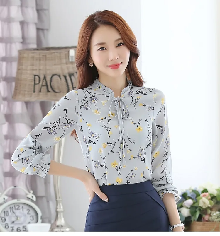 Новинка года, весенне-осенняя Корейская тонкая официальная Однотонная рубашка рукавами с длинными, блузка для офиса, Женские топы с прядным воротником 288J