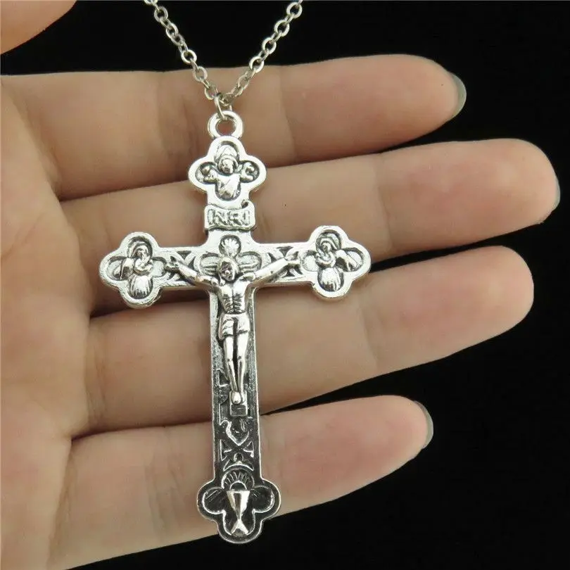

Q1792 19-1 Free Shipping Vintage Silver Alloy Women 58mm Angel Jesus Cross Pendant Short Chain Collar Necklace 18"