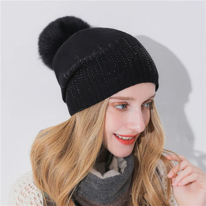 Xthree теплая женская зимняя шапка с помпонами из лисы вязаная кашемира Gorro