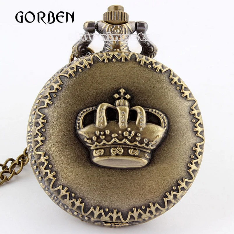Retro Vintage Pocket Watch Bronze Royal Imperial Crown Quartz Pendant Necklace Chain Women Men