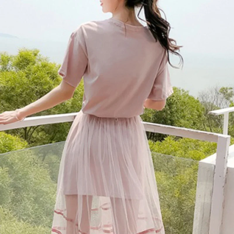 Сексуальное Сетчатое платье+ футболка с короткими рукавами и принтом; комплект из 2 предметов; летнее пляжное платье; Vestidos; лето