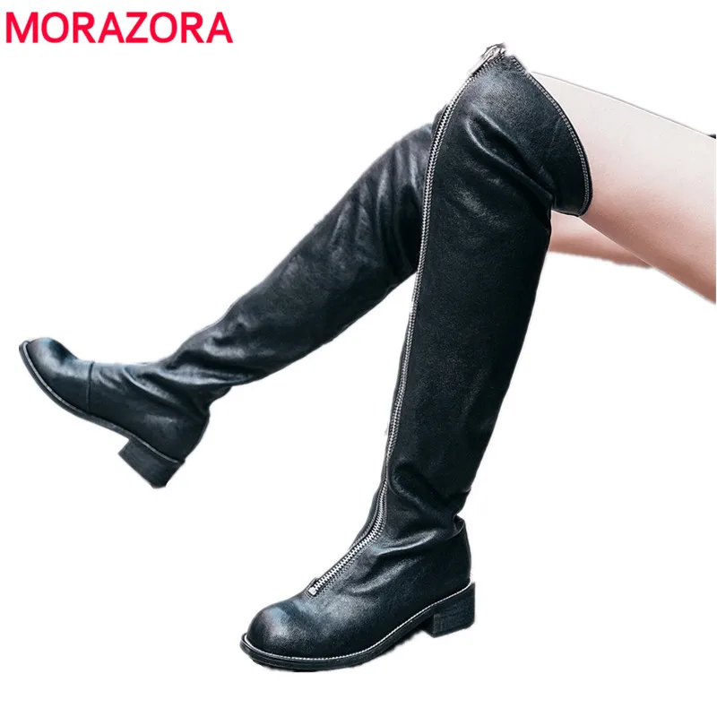 

MORAZORA 2018 New full genuine leather boots women zipper punk riding thigh high boots autumn winter over the knee boots shoes
