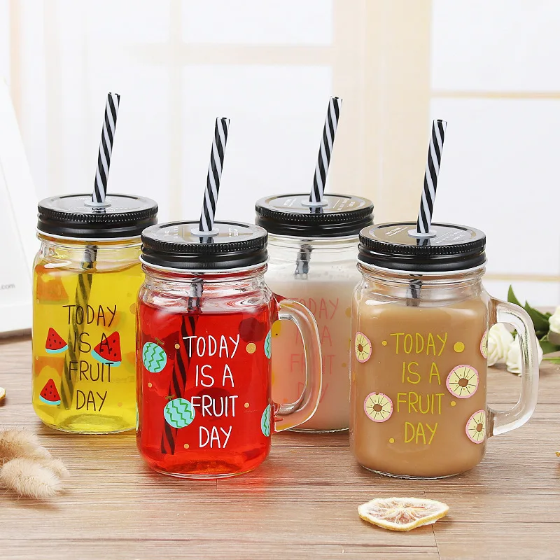 

Summer Style Fruit P inted Glass Bottle Vintage Jar Juice Drinking Bottle With Straw B-0005