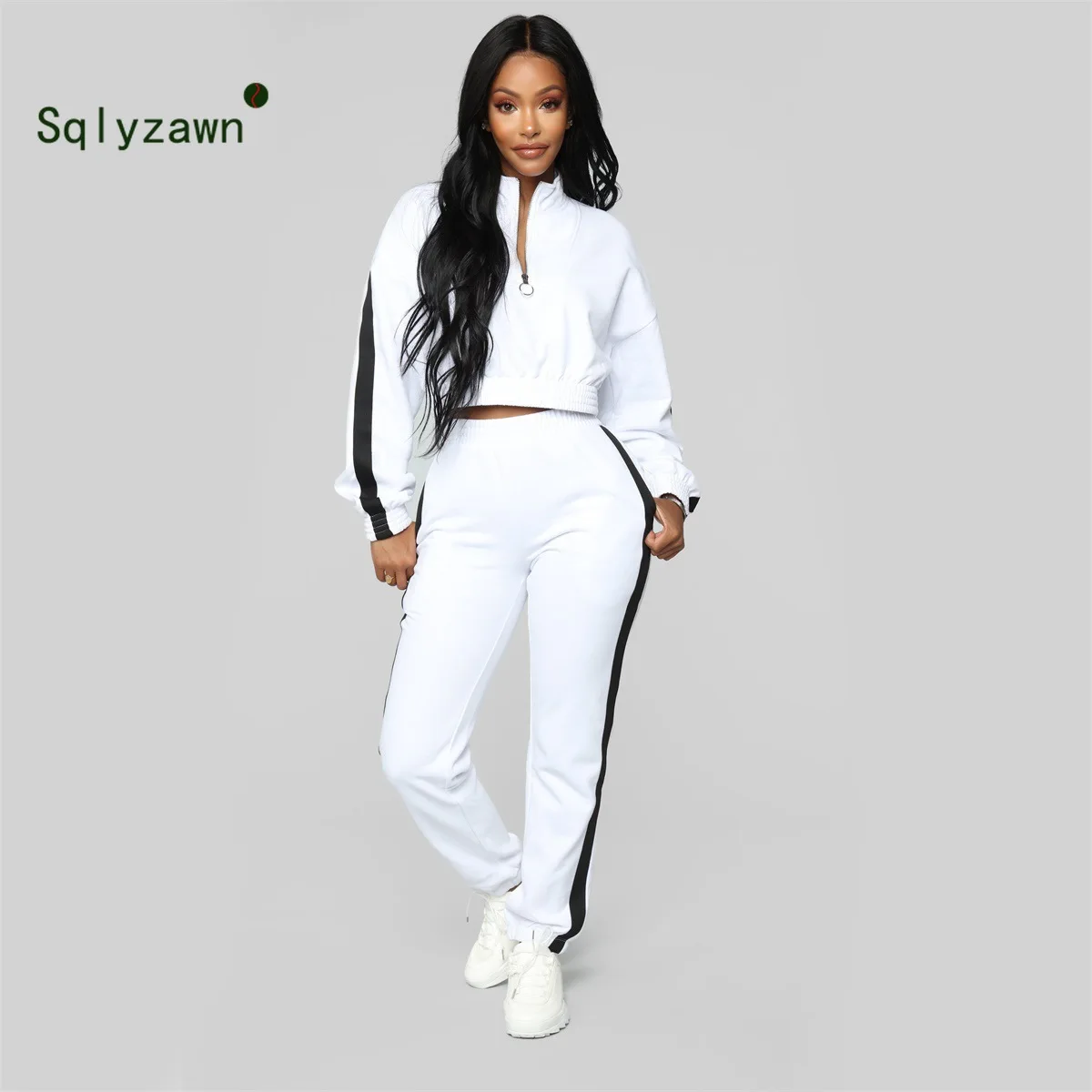 

Black White Hit Color Running Set Women Zipper Up Long Sleeve Hoodies Pullover Sweatsuits 2 Piece Set Sporting Tracksuit Outfit