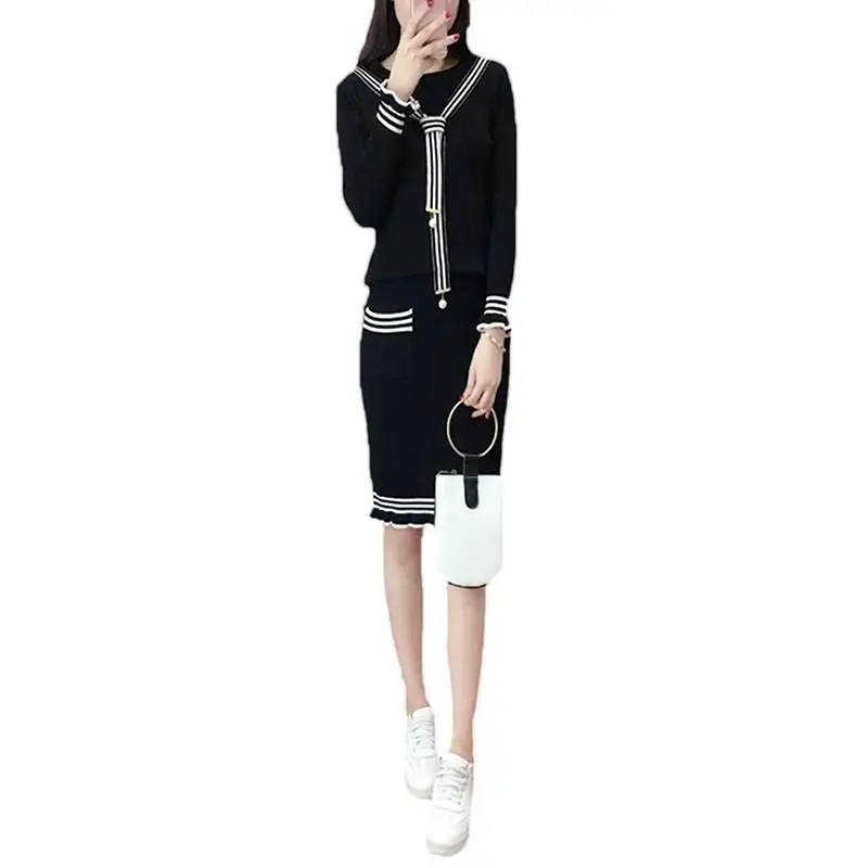 

Women Knitted 2 Pieces Sets 2019 Long Sleeve Sweater Tops +Elastic Waist Slim Pocket Skirt Female Chic Ruched Sets New 2019 J92
