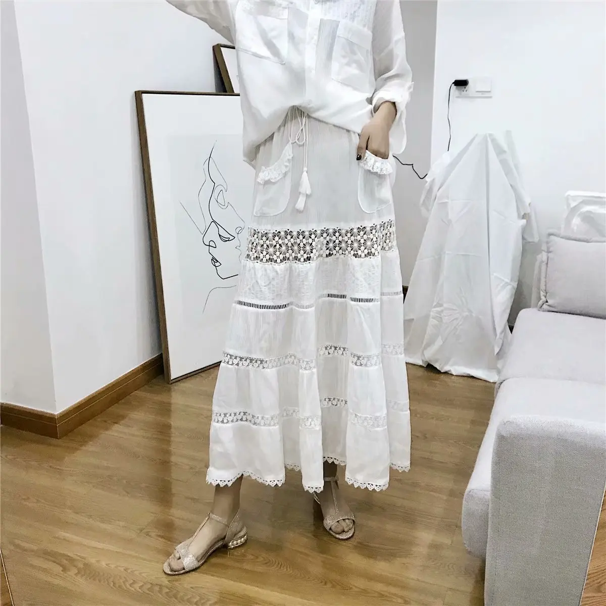

Summer White Lace Patchwork Women Long Skirts Vintage Drawstring Tie High Waist Female Pockets Ankle Length Skirts faldas mujer