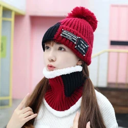 Winter Warm Pom Poms Wool Hat And Scarf Set For Women Patchwork Thick Knitted Windproof Hats Scarf Set Women Beanie Hat Skullies Winter Warm Pom Poms Wool Hat And Scarf Set For Women Patchwork Thick Knitted Windproof Hats Scarf Set Women Beanie Hat Skullies