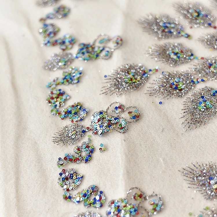 

Phoenix hot gold beads gauzes equin lace fabric for dress handmade DIY fabric material accessories