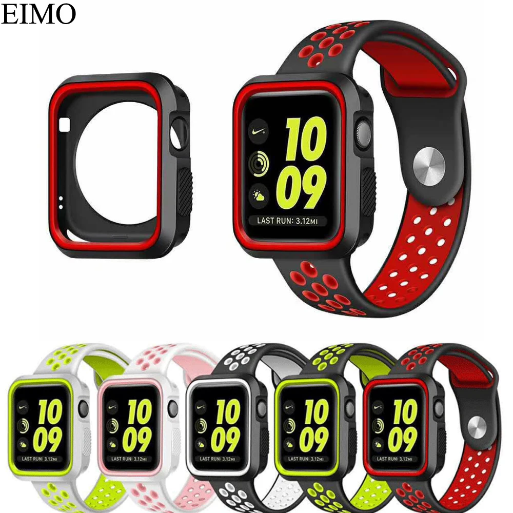 

EIMO Case Cover for apple watch band 42mm 38mm Iwatch series 3/2/1 Sport Silicone Full Protector Soft shell Bracelet Watchband