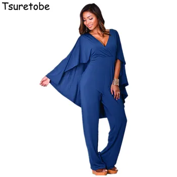 

Tsuretobe New Autumn Bodycon Cloak Jumpsuit Women Wide Leg Pleated Casual Jumpsuit Womens Romper Pure Color Elegant Jumpsuit