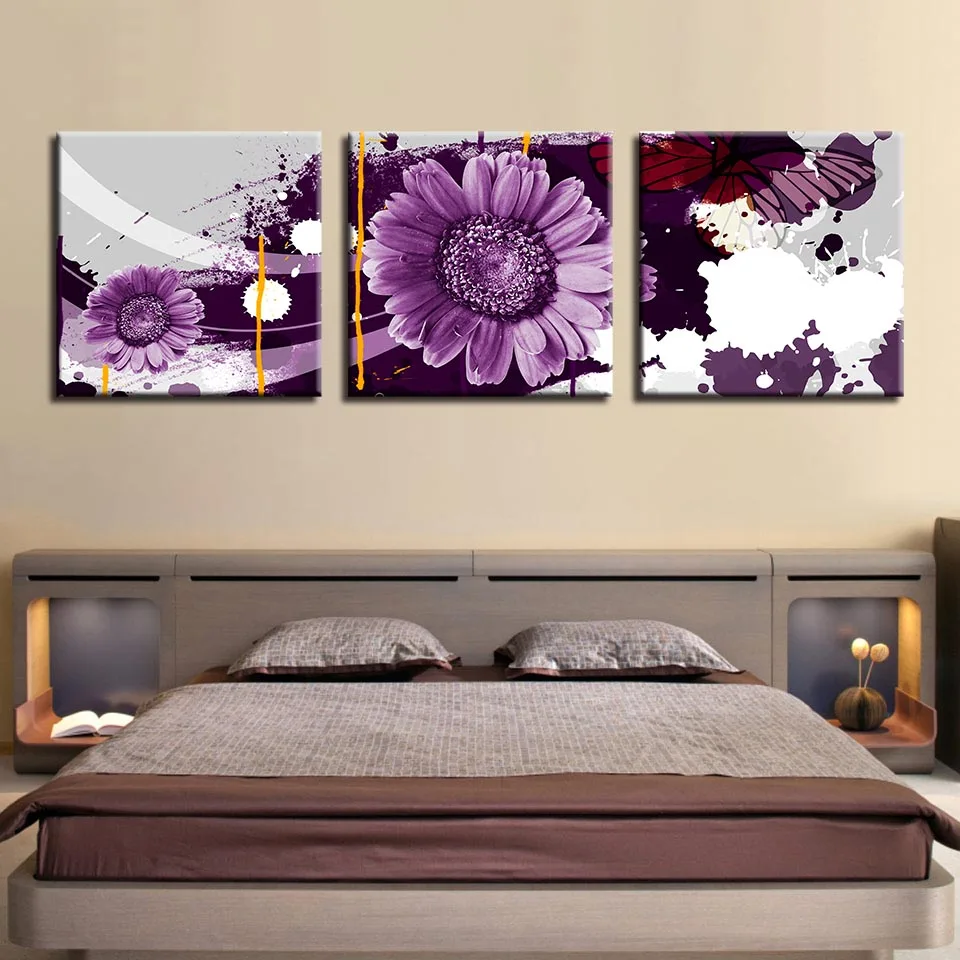 

Canvas Painting Wall Art Poster 3 Pieces Purple Background Chrysanthemum Pictures Home Decor Prints Modular For Living Room