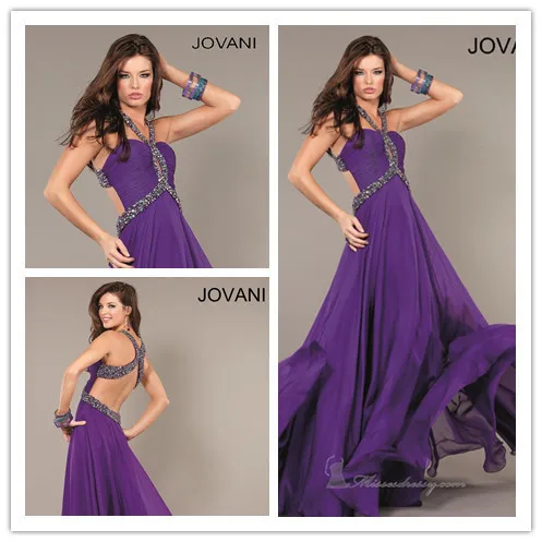 Free Shipping A-line Halter Sleeveless Floor Length Beaded Purple Chiffon Ruffles Elegant Long Prom Dresses/Prom Gown 2014 | Свадьбы и