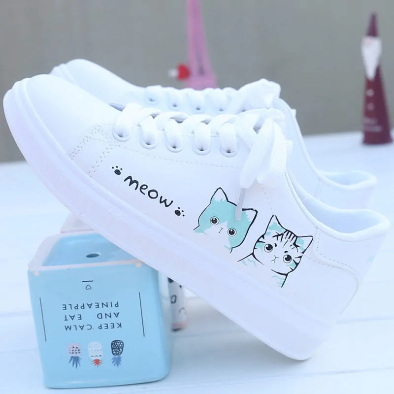 

Women casual shoes printed casual shoes women pu shoes cute cat 2019 new arrival fashion lace-up women sneakers BX9