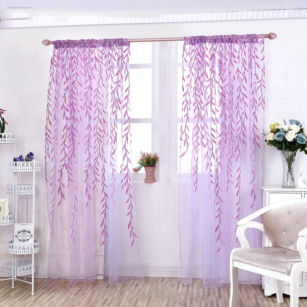 

Brief Willow leaf Tulle Curtains Blinds Voile Pastoral Style Willow Floral Window Decorative cortinas for bedroom Living Room