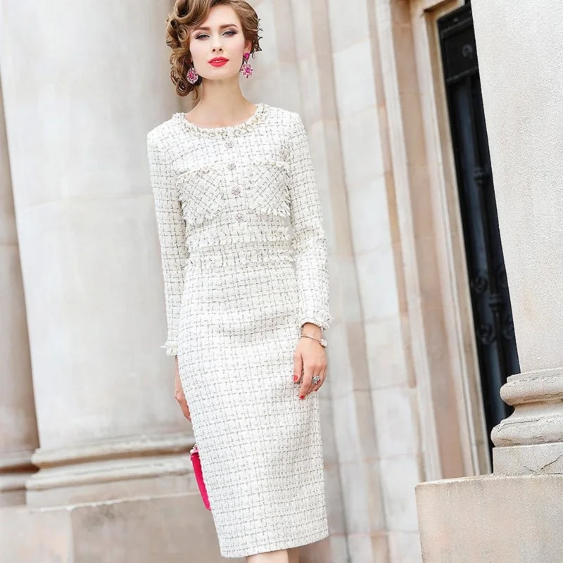 

Knee Length Keep Warm 2019 European New High Quality Women Vintage Ladies OL Spring Slim Dresses Winter Dress Female QH494