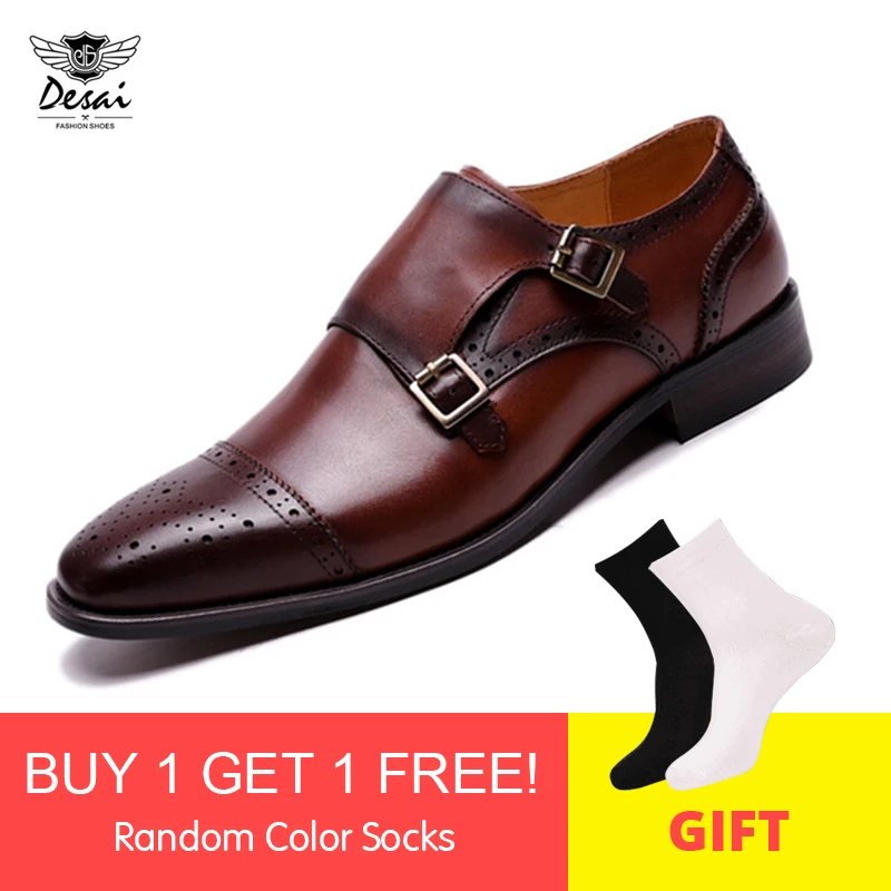 

Desai Handmade Genuine Leather Double Buckles Men's Dress Shoes Formal Wedding Office Man Monk Shoes Strap Footwear Breathable