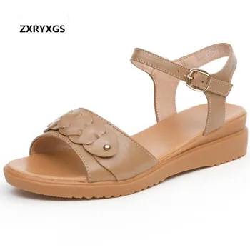 

2019 Newest Fashion Summer Leather Sandals Flat Wedge Soft Bottom Soft Cowhide Non-slip Women Shoes Casual Sandals Large Size