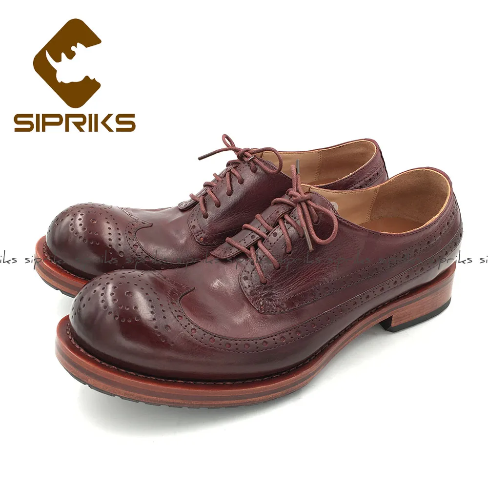 

Sipriks Mens Handmade Goodyear Welted Shoes Imported Italian Calf Leather Wingtip Dress Shoes Hand-Painted Wine Red Brogue Shoes