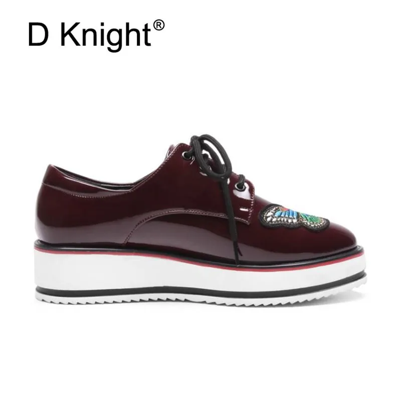 Plus Size 34-43 Women Oxford Brogue Shoes Patent Leather Wedge Heels Platform Shoes Woman Lace-up Oxford Shoes For Women Creeper (8)