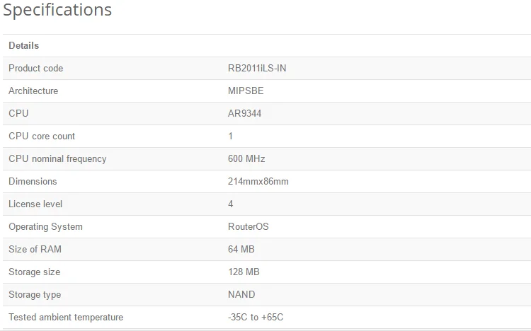 MikroTik RB2011iLS-IN 5x10/100 Ethernet Порты 5x10/100/1000 Ethernet Порты RouterBoard маршрутизатор 600 МГц Процессор 64 Мб Оперативная память RouterOS L4