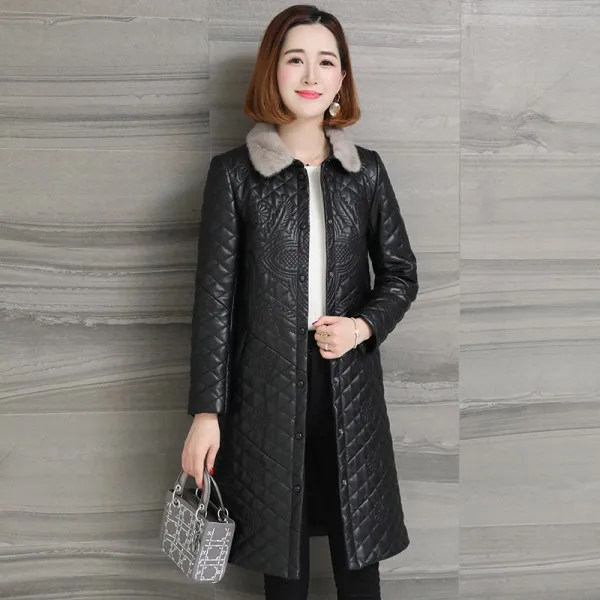 Дизайнерское пальто из натуральной кожи для женщин OL стиль вышивка цветочный толстый норковый меховой воротник овчина длинная куртка пальто размера плюс - Цвет: Black