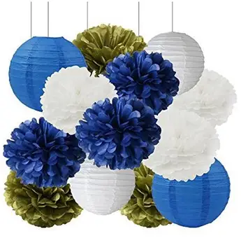 

White Navy Blue Gold Tissue Paper Pom Pom Paper Lanterns for Navy Blue Themed Party Wedding Paper Garland, Bridal Shower Decor
