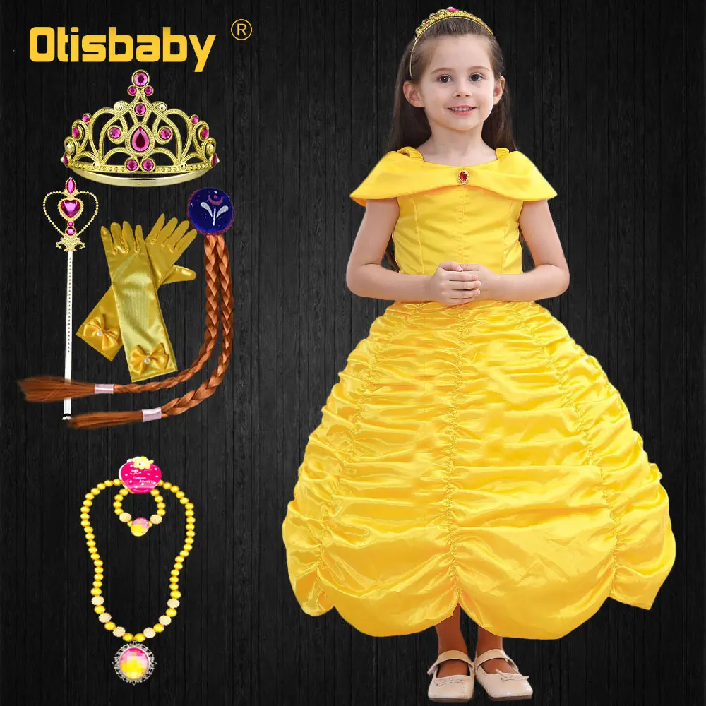 

Beauty and the Beast Halloween Costumes for Girls Princess Belle Dress Kids Birthday Party Yellow Fluffy Dress Fairy Frocks