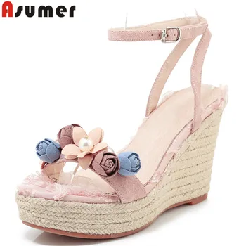 

ASUMER fashion new summer shoes buckle suede leather shoes platform wedges sandals flowers high heels women sandals 2020
