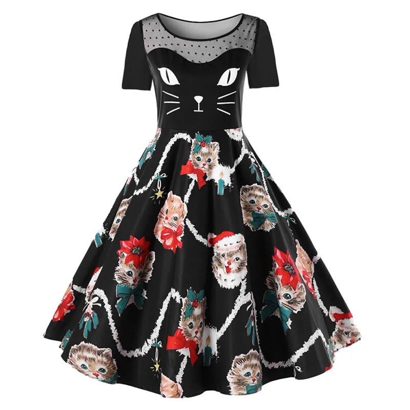 

Women Christmas Pattern Dress Cartoon Cute Short Sleeve Swing Elegent Womens Vintage Dresses Sxey Clothes sukienka seksowna