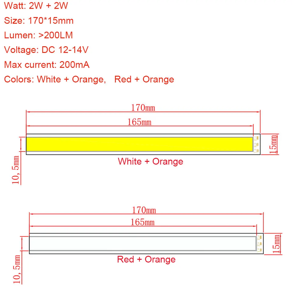Sumbulbs 170x15 мм, двойной цвет, 2 Вт+ 2 Вт, COB светодиодный светильник, полоса, белый, красный, оранжевый, источник освещения, 17 см, 12 В, лампа для DIY