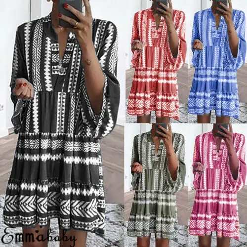

2019 Women Floral Boho Sundress Summer V Neck Holiday Beach Long Sleeve Short Mini Dress