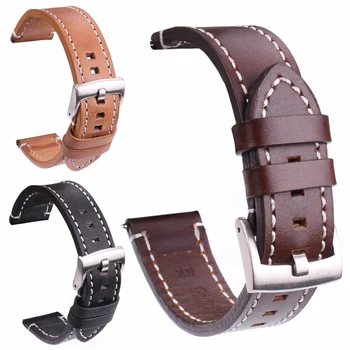 

HENGRC 18mm 20mm 22mm Genuine Leather Watch Strap Belt Manual Men Thick Brown Black Watchbands Buckle Watches Accessories