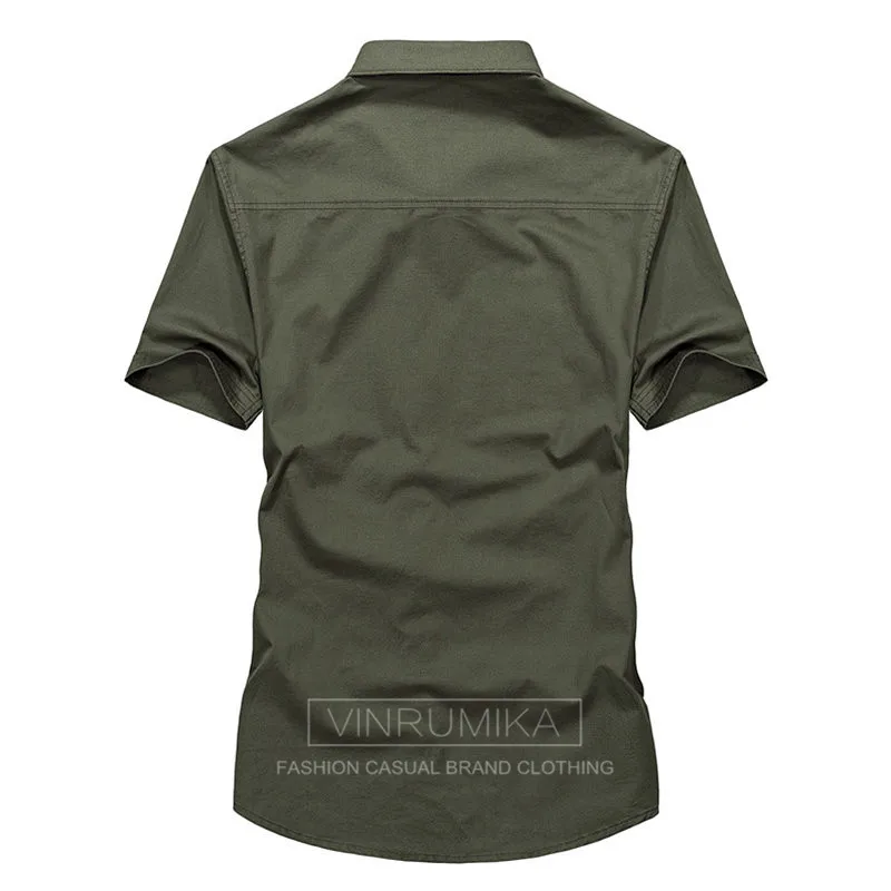 Новый 2018 Европейский мужские летние Военные случайные бренд армия зеленый рубашка человек 100% чистого хлопка цвета хаки с короткими