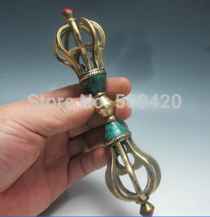 

oTibetan Buddhism Bronze Turquoise Buddhist Ritual Tool Hand Vajra Dorje statue