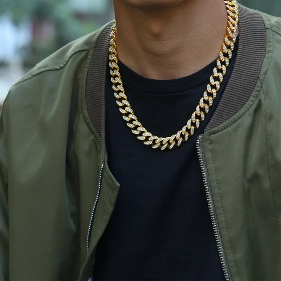 Ожерелье-цепочка в стиле хип-хоп, 13 мм., со льдом, в стиле "Майями". Мужские золотые и серебряные стразы с застежкой