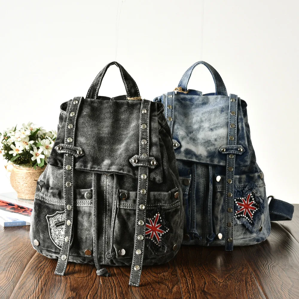 New Vintage Casual Preppy Style Beads Diamond Denim Small Backpack