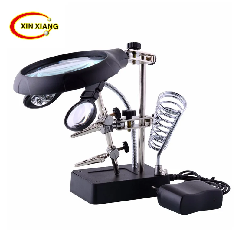 Welding Magnifying Glass 5 LED Auxiliary Clip Magnifier 3 In1 2Exchangeable Lens Hand Soldering Solder Iron Stand Holder Station |