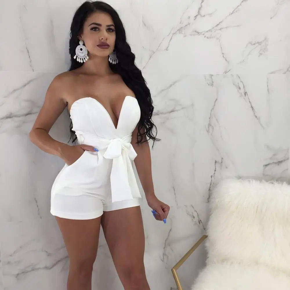 Сексуальные без бретелек женские летние костюмы пляжного типа Bodycon с открытыми плечами женский комбинезон сплошной цвет женские летние комбинезоны - Цвет: Белый