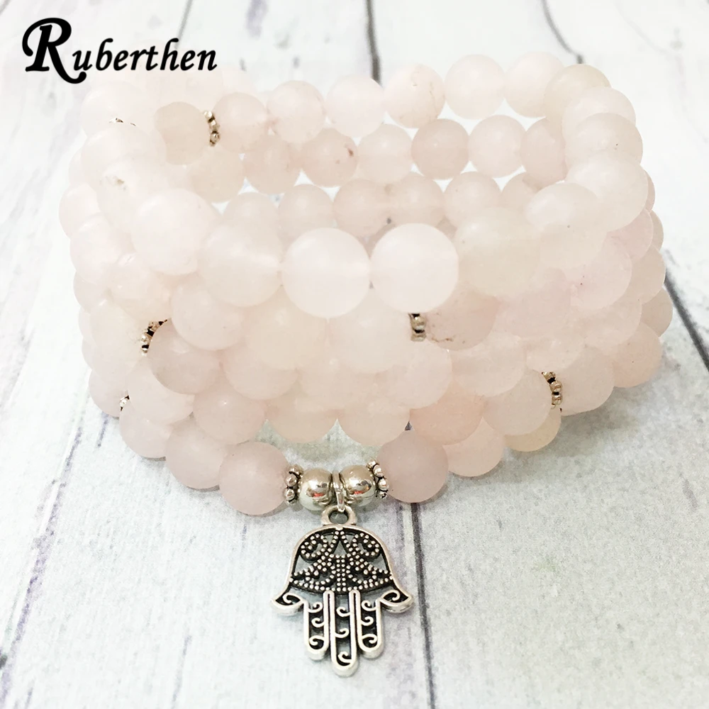 

Ruberthen New Design Matte Rose Quart z 108 Mala Bracelet Hamsa Charm Necklace Healing Yoga Balance Bracelet for Women