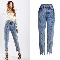 Tissbely Высокая талия прямые джинсы пятно удобные нестандартные брюки ноги женские джинсы до щиколотки свободные брюки