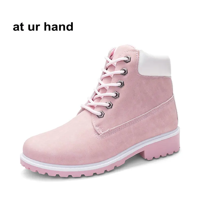 

at ur hand New Pink Women Boots Lace up Solid Casual Ankle Boots Round Toe Women Shoes size 36-41