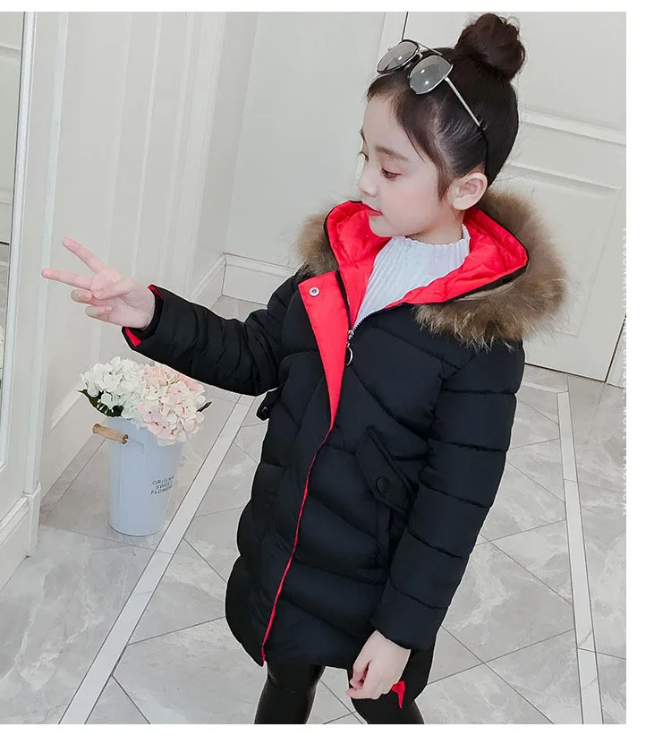 New 2018 Children Outwear Tops Winter Jacket For Girls Fashion Fur Hooded Thick Cotton-Padded Kids Long Coat Solid Parka Clothes (21)