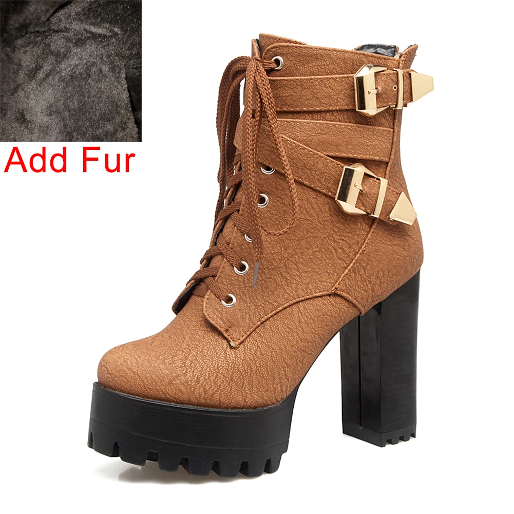BONJOMARISA/ г. Весенне-зимние женские ботильоны черные ботинки на платформе и высоком каблуке 11 см размера плюс 33-50, женская обувь на шнуровке - Цвет: brown thick fur