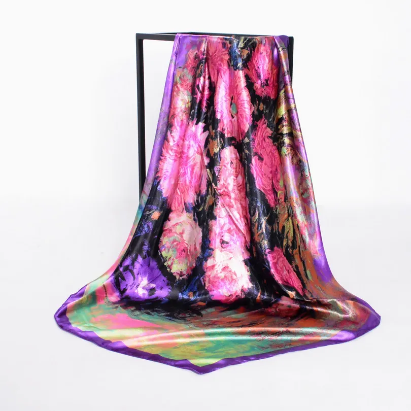 floral purple Элегантный женский большой квадратный шелковый шарф с принтом, 90*90 см, модный весенний и осенний серый и фиолетовый Шелковый шарф из полиэстера, шаль - Цвет: floral purple