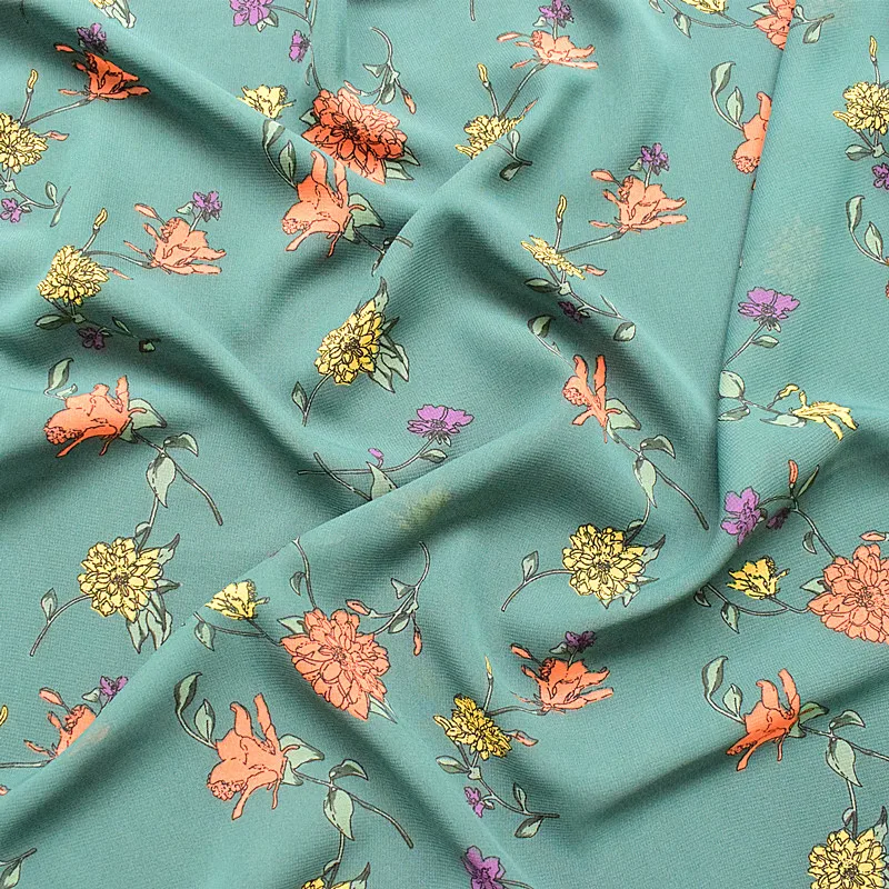 

2019 new high-viscosity chiffon fabric spring and summer printed fabric dark green a soft flower