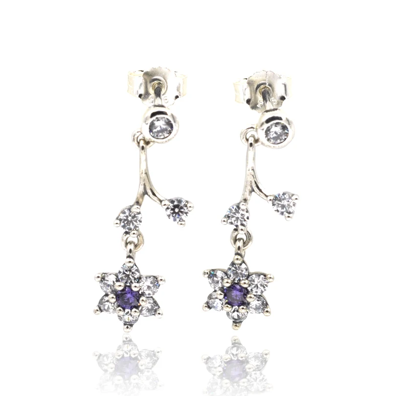 

2016 Spring New 925 Sterling Silver Flower Earrings Forget Me Not Purple & Clear CZ Drop Earrings Fashion Jewelry For Women