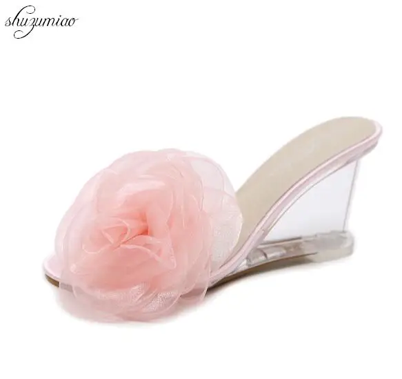 

Slippers Slope Heel 4 Color Women Summer 2019 New Sexy Crystal Transparent High Heels Flower Slope and Sandals