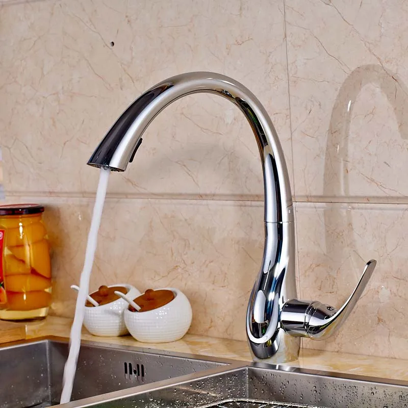 

Contemporary Chrome Polished Deck Mount Single Handle Kitchen Sink Faucet Pull Down Mixer Tap