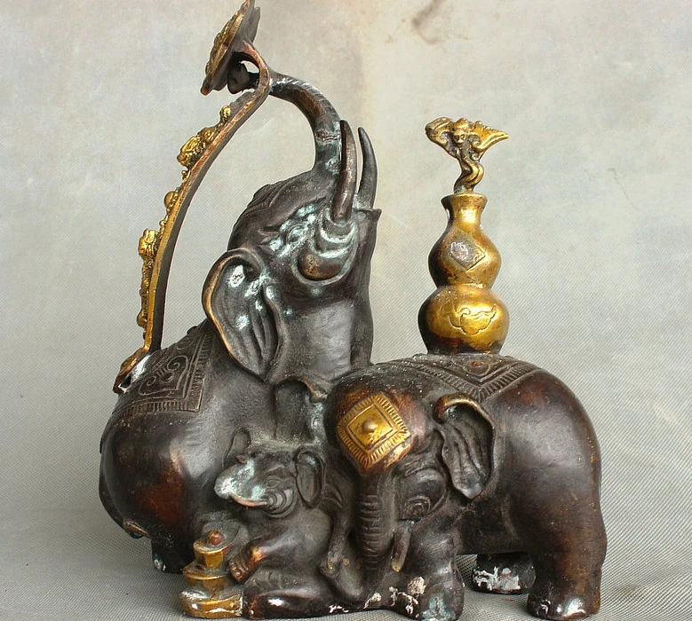 

Chinese Dynasty Palace Bronze Copper Elephant Pair Set Ruyi Gourd Yuanbao Statue