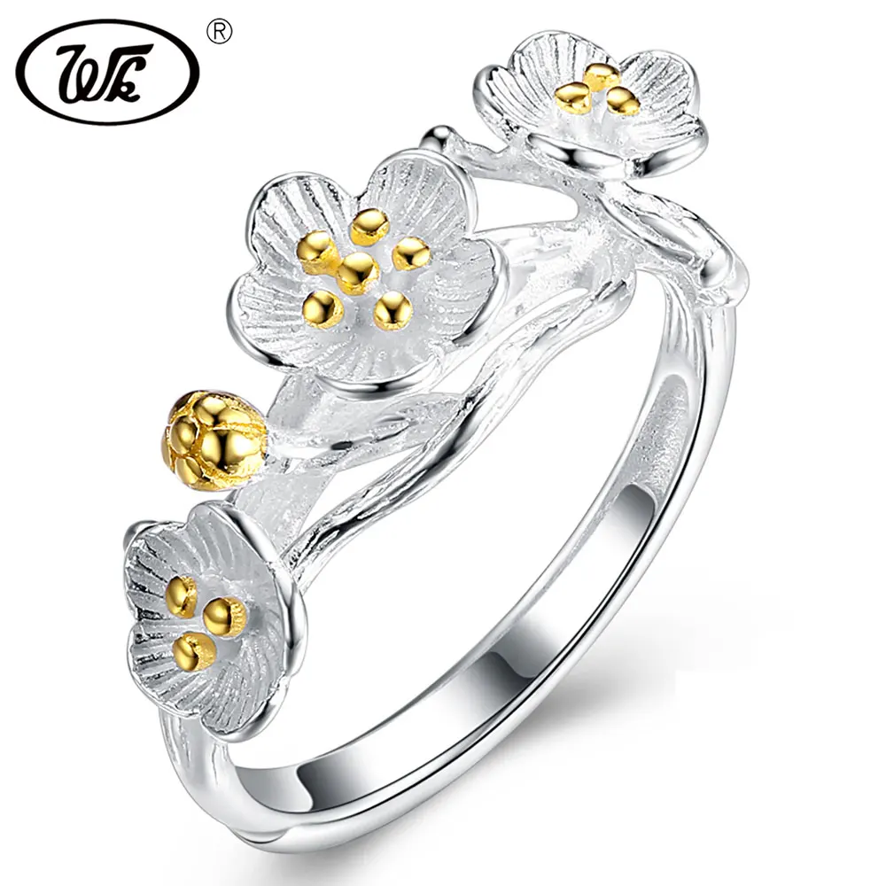 WK Hot Fashion Real Pure 925 Sterling Silver Rings Jewelry For Women Classic Flower Adjustable Ring Female 4W NRY94 | Украшения и